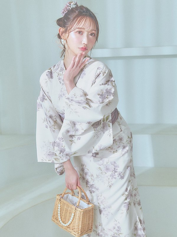 画像3: 【即日発送】くすみカラー× 水彩フラワー浴衣【浴衣３点セット 浴衣/帯/下駄】[YMT] (3)