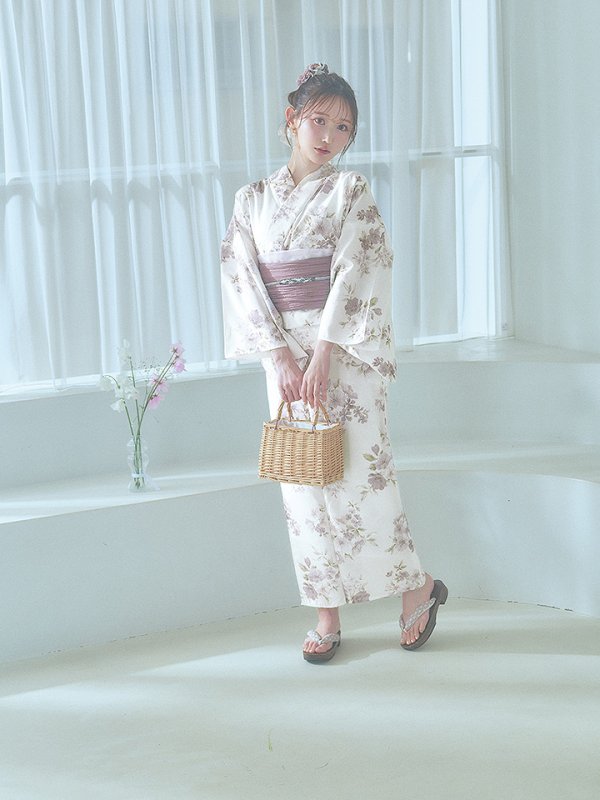 画像5: 【即日発送】くすみカラー× 水彩フラワー浴衣【浴衣３点セット 浴衣/帯/下駄】[YMT] (5)
