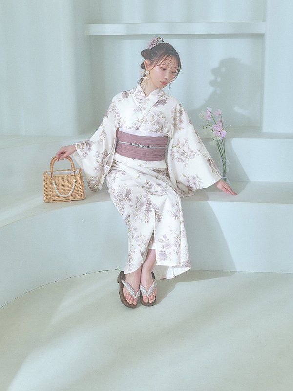 画像7: 【即日発送】くすみカラー× 水彩フラワー浴衣【浴衣３点セット 浴衣/帯/下駄】[YMT] (7)