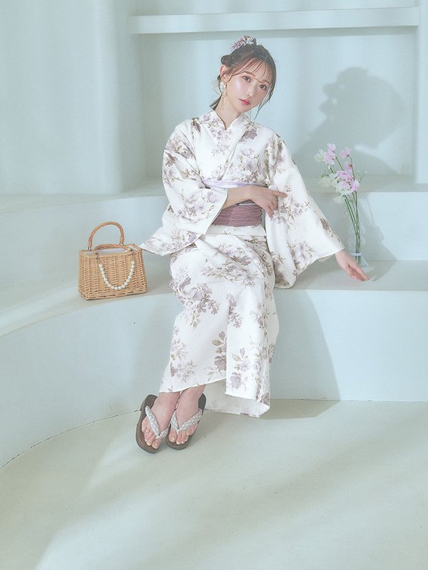画像9: 【即日発送】くすみカラー× 水彩フラワー浴衣【浴衣３点セット 浴衣/帯/下駄】[YMT] (9)