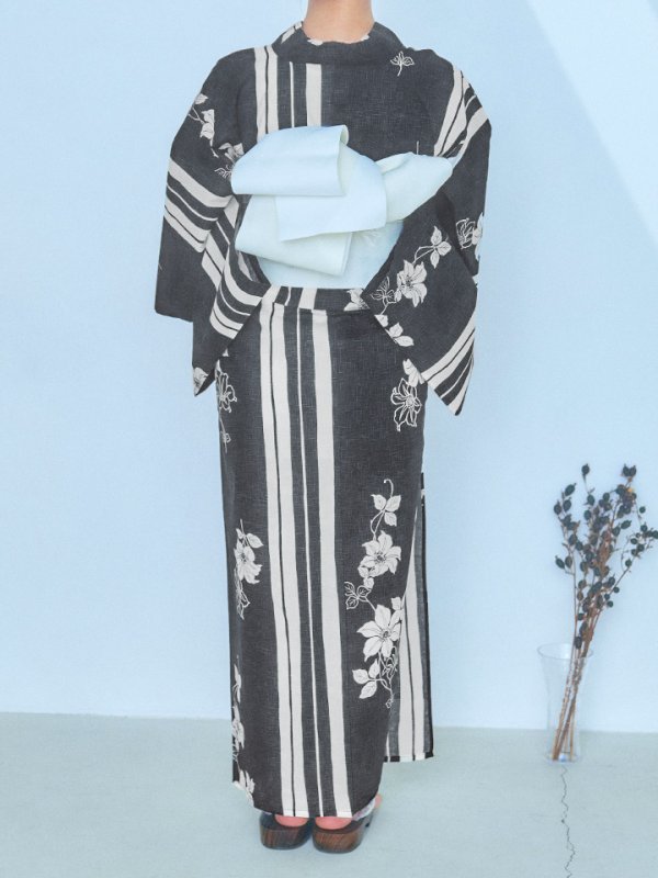 画像16: 【即日発送！】ストライプ×フラワーレトロ浴衣【浴衣３点セット 浴衣/帯/下駄】[YMT] (16)