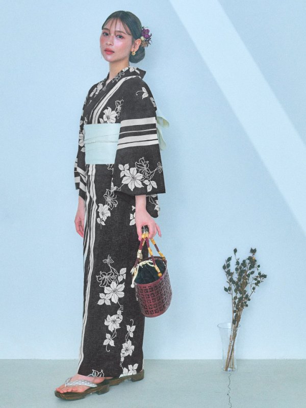 画像5: 【即日発送！】ストライプ×フラワーレトロ浴衣【浴衣３点セット 浴衣/帯/下駄】[YMT] (5)
