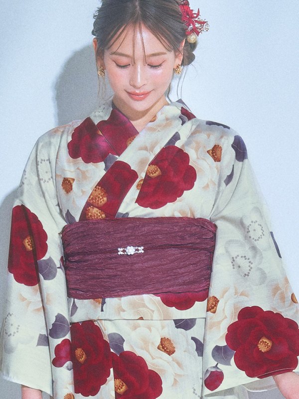 画像14: 【即日発送】ホワイト＆レッド椿浴衣【浴衣３点セット 浴衣/帯/下駄】OBI-siwa-200-kj-7-RoseWI / HIMO-902-kj-5-RosePK / HEKO-800-sb-5-WH / YA-1027-wk-R / GETA-02-ok-8-RoseP/ [YMT] (14)