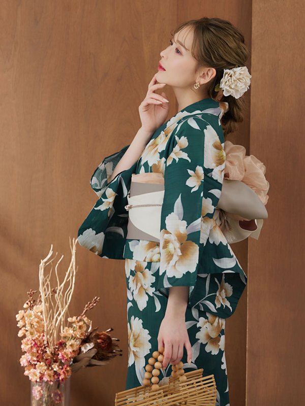 画像12: 【即日発送！】グリーン×牡丹浴衣【浴衣３点セット 浴衣/帯/下駄】[YMT] (12)