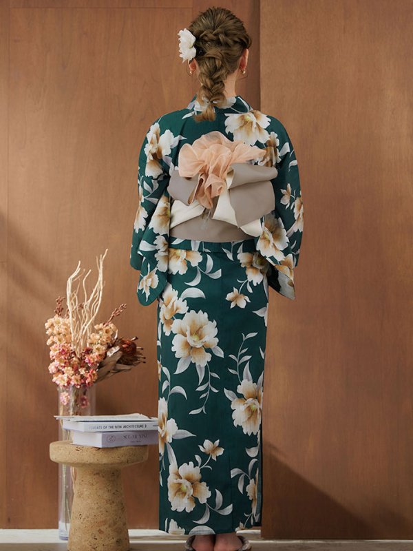 画像14: 【即日発送！】グリーン×牡丹浴衣【浴衣３点セット 浴衣/帯/下駄】[YMT] (14)