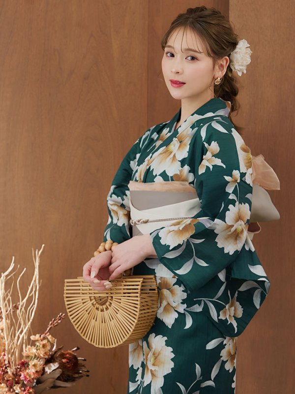 画像2: 【即日発送！】グリーン×牡丹浴衣【浴衣３点セット 浴衣/帯/下駄】[YMT] (2)