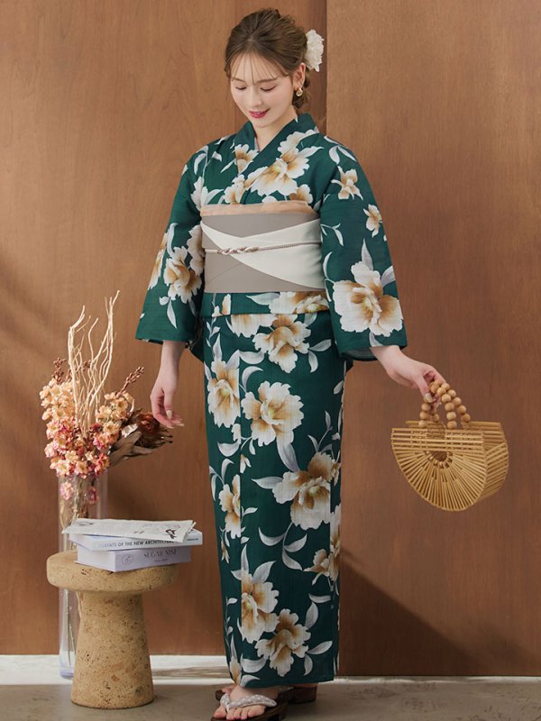 画像4: 【即日発送！】グリーン×牡丹浴衣【浴衣３点セット 浴衣/帯/下駄】[YMT] (4)