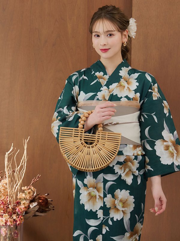 画像7: 【即日発送！】グリーン×牡丹浴衣【浴衣３点セット 浴衣/帯/下駄】[YMT] (7)