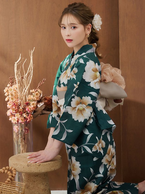 画像8: 【即日発送！】グリーン×牡丹浴衣【浴衣３点セット 浴衣/帯/下駄】[YMT] (8)