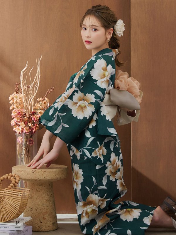 画像9: 【即日発送！】グリーン×牡丹浴衣【浴衣３点セット 浴衣/帯/下駄】[YMT] (9)