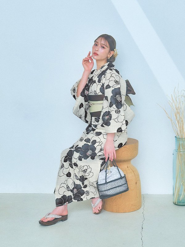 画像16: 【即日発送！】モノトーン大正モダン浴衣【浴衣３点セット 浴衣/帯/下駄】[YMT] (16)