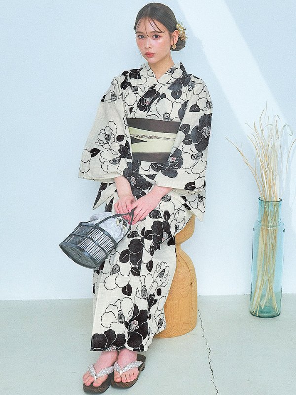 画像3: 【即日発送！】モノトーン大正モダン浴衣【浴衣３点セット 浴衣/帯/下駄】[YMT] (3)