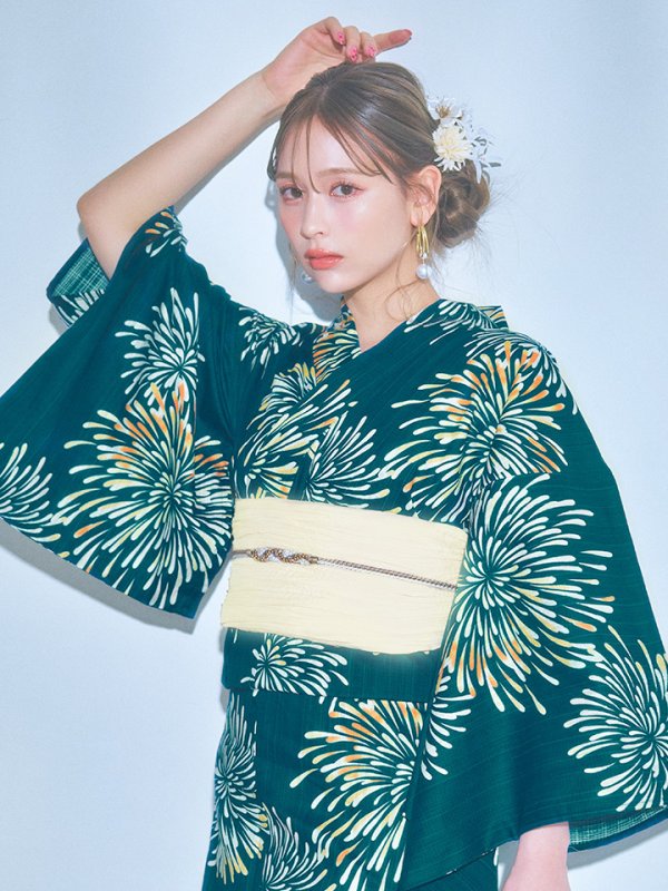 画像10: 【即日発送】エメラルドグリーン×花火浴衣【浴衣３点セット 浴衣/帯/下駄】[YMT] (10)