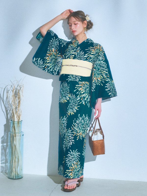 画像11: 【即日発送】エメラルドグリーン×花火浴衣【浴衣３点セット 浴衣/帯/下駄】[YMT] (11)