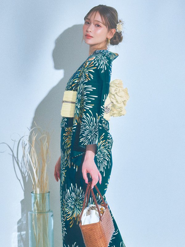 画像12: 【即日発送】エメラルドグリーン×花火浴衣【浴衣３点セット 浴衣/帯/下駄】[YMT] (12)