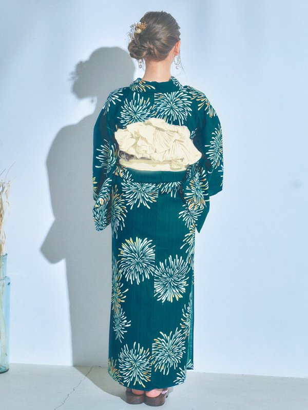 画像14: 【即日発送】エメラルドグリーン×花火浴衣【浴衣３点セット 浴衣/帯/下駄】[YMT] (14)