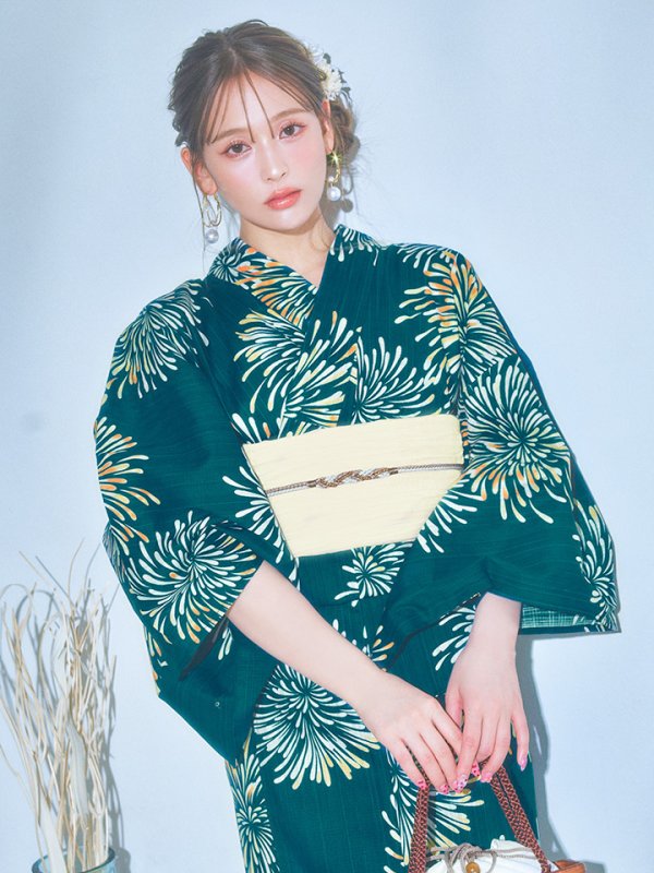画像2: 【即日発送】エメラルドグリーン×花火浴衣【浴衣３点セット 浴衣/帯/下駄】[YMT] (2)