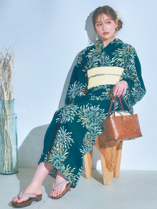 画像6: 【即日発送】エメラルドグリーン×花火浴衣【浴衣３点セット 浴衣/帯/下駄】[YMT] (6)