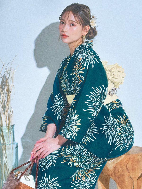画像8: 【即日発送】エメラルドグリーン×花火浴衣【浴衣３点セット 浴衣/帯/下駄】[YMT] (8)