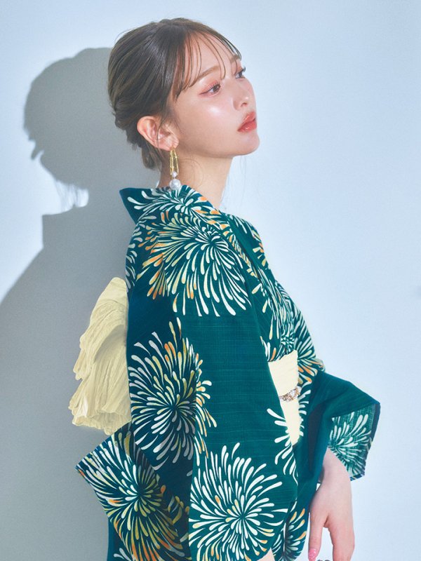 画像9: 【即日発送】エメラルドグリーン×花火浴衣【浴衣３点セット 浴衣/帯/下駄】[YMT] (9)