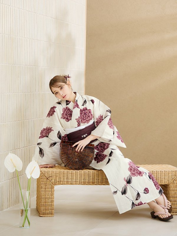 画像10: 【即日発送】パープルレッドダリア柄浴衣【浴衣３点セット 浴衣/帯/下駄】[YMT] (10)