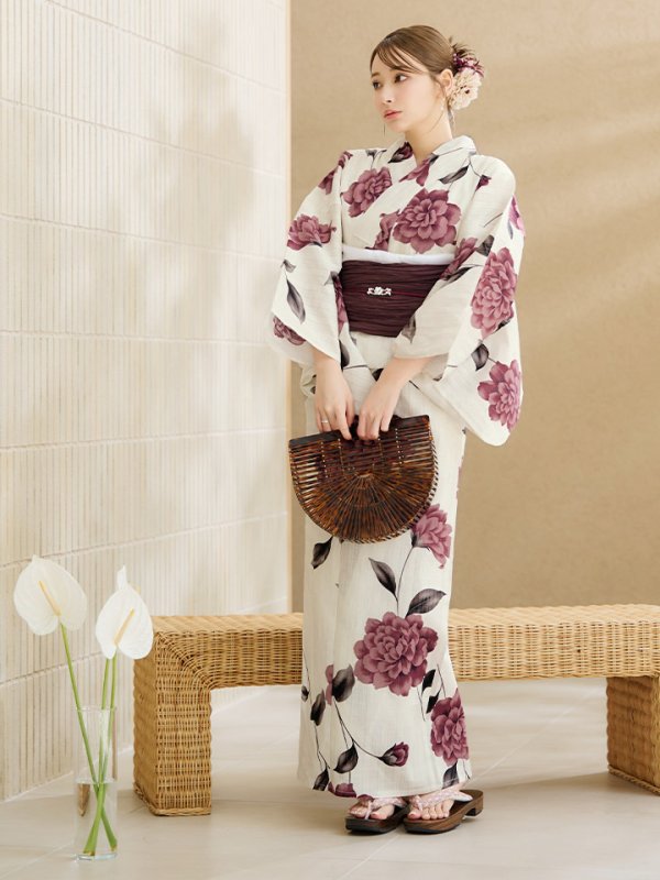 画像11: 【即日発送】パープルレッドダリア柄浴衣【浴衣３点セット 浴衣/帯/下駄】[YMT] (11)