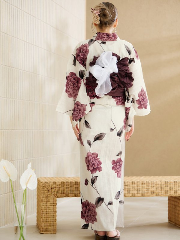 画像14: 【即日発送】パープルレッドダリア柄浴衣【浴衣３点セット 浴衣/帯/下駄】[YMT] (14)