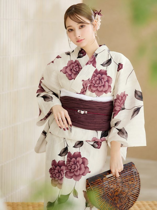 画像3: 【即日発送】パープルレッドダリア柄浴衣【浴衣３点セット 浴衣/帯/下駄】[YMT] (3)