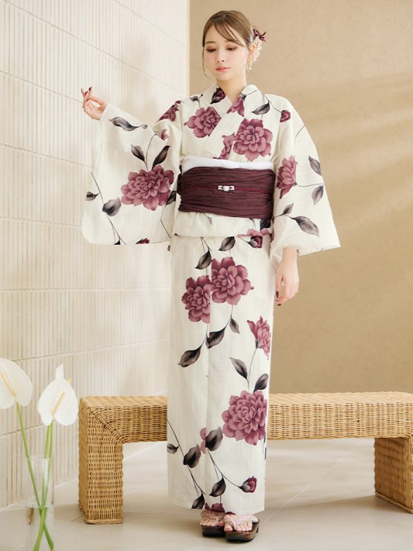 画像4: 【即日発送】パープルレッドダリア柄浴衣【浴衣３点セット 浴衣/帯/下駄】[YMT] (4)