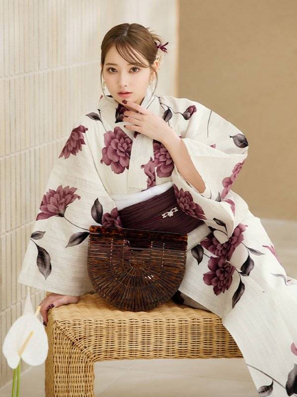 画像5: 【即日発送】パープルレッドダリア柄浴衣【浴衣３点セット 浴衣/帯/下駄】[YMT] (5)