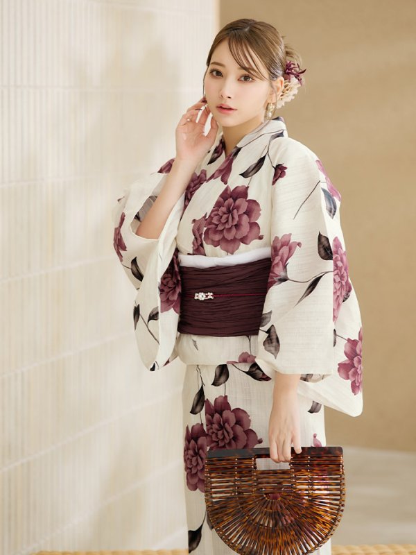 画像6: 【即日発送】パープルレッドダリア柄浴衣【浴衣３点セット 浴衣/帯/下駄】[YMT] (6)