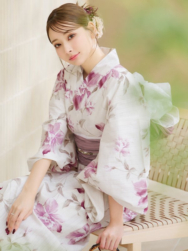 画像2: 【即日発送】パープルピンクフラワー浴衣【浴衣３点セット 浴衣/帯/下駄】[YMT] (2)