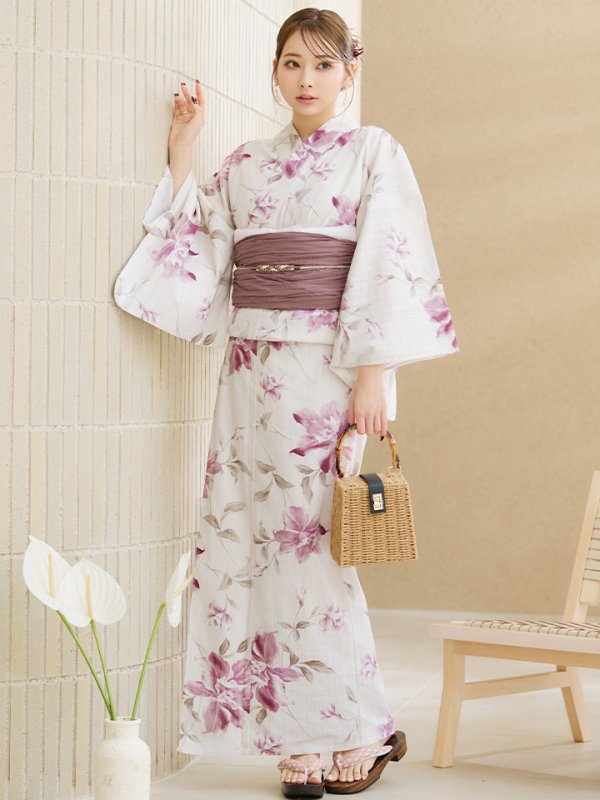 画像4: 【即日発送】パープルピンクフラワー浴衣【浴衣３点セット 浴衣/帯/下駄】[YMT] (4)