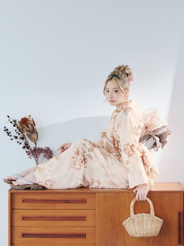 画像2: 【即日発送】リッチベージュダリア浴衣【浴衣３点セット 浴衣/帯/下駄】[YMT] (2)