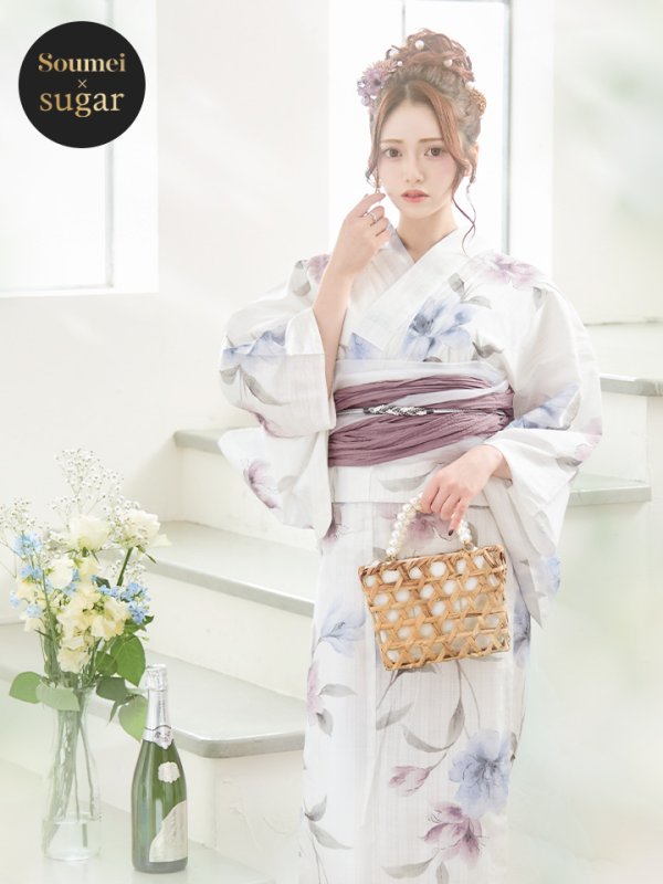 画像3: 【即日発送！】ホワイト×アイシーフラワー浴衣【浴衣３点セット 浴衣/帯/下駄】[YMT] (3)