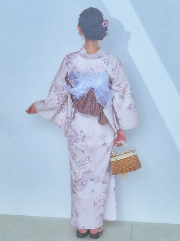 画像14: 【即日発送】くすみカラー×パープルダリア浴衣【浴衣３点セット 浴衣/帯/下駄】[YMT] (14)