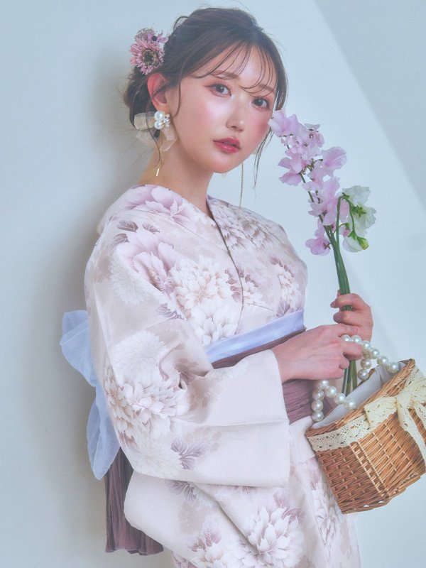 画像5: 【即日発送】くすみカラー×パープルダリア浴衣【浴衣３点セット 浴衣/帯/下駄】[YMT] (5)