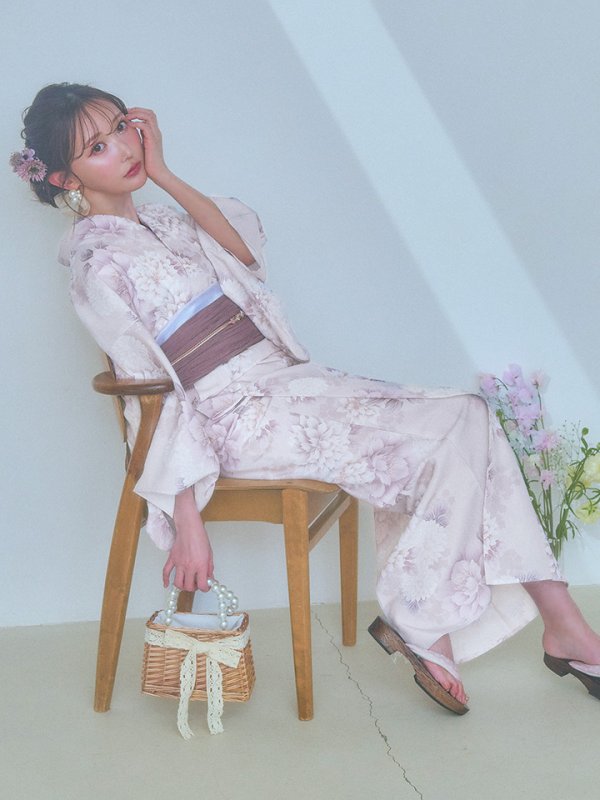 画像6: 【即日発送】くすみカラー×パープルダリア浴衣【浴衣３点セット 浴衣/帯/下駄】[YMT] (6)