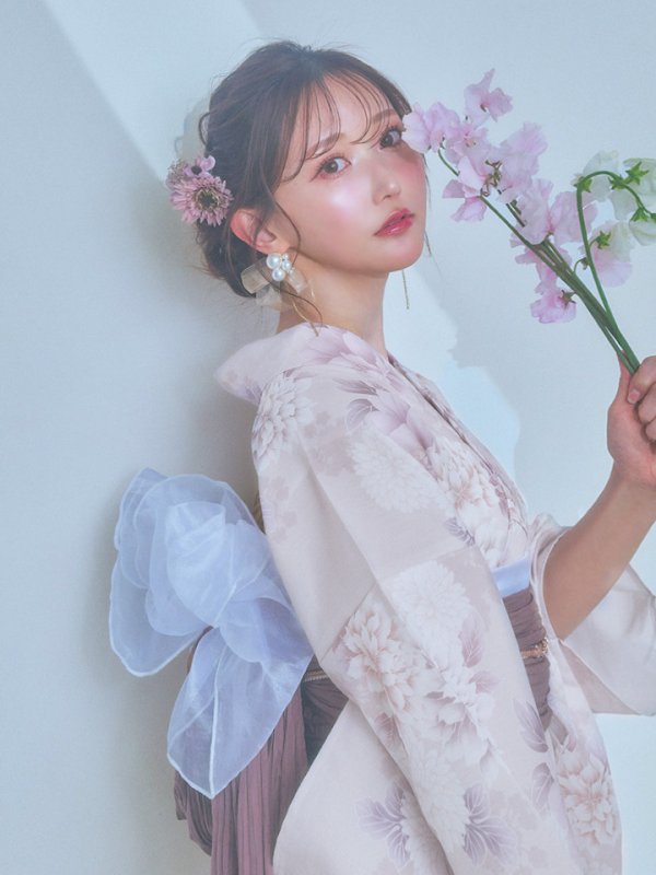 画像8: 【即日発送】くすみカラー×パープルダリア浴衣【浴衣３点セット 浴衣/帯/下駄】[YMT] (8)