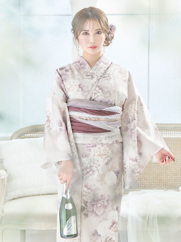 画像11: 【即日発送】くすみカラー×パープルダリア浴衣【浴衣３点セット 浴衣/帯/下駄】[YMT] (11)