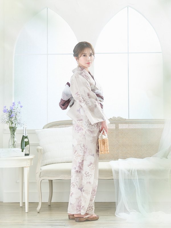 画像13: 【即日発送】くすみカラー×パープルダリア浴衣【浴衣３点セット 浴衣/帯/下駄】[YMT] (13)