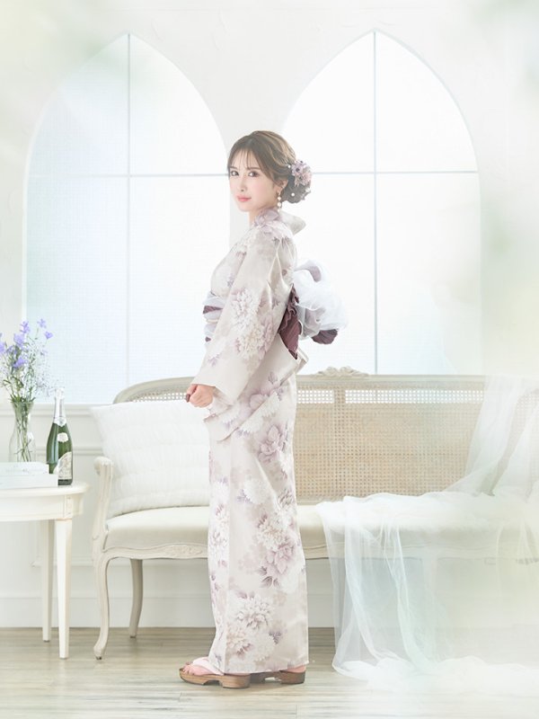 画像14: 【即日発送】くすみカラー×パープルダリア浴衣【浴衣３点セット 浴衣/帯/下駄】[YMT] (14)