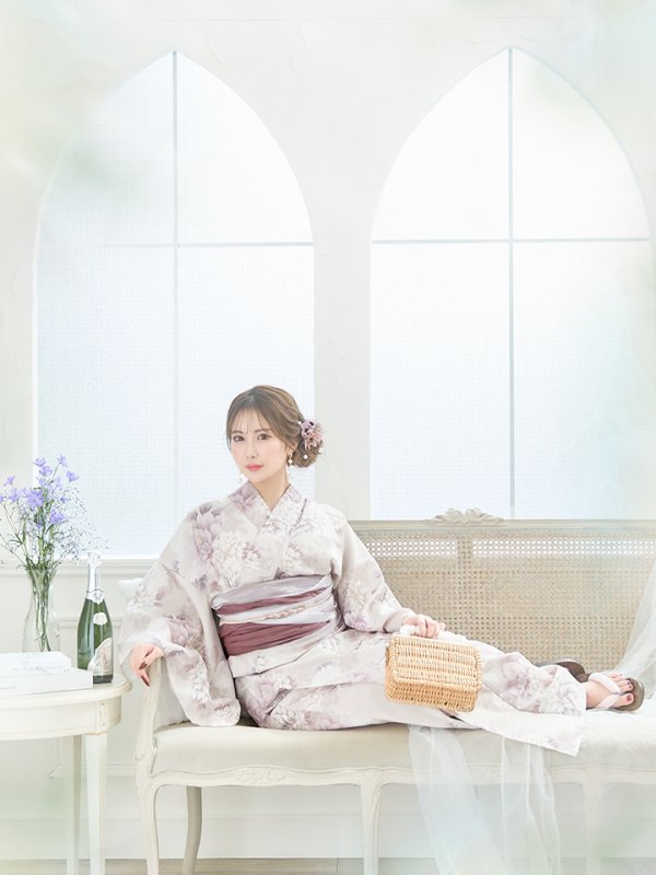 画像5: 【即日発送】くすみカラー×パープルダリア浴衣【浴衣３点セット 浴衣/帯/下駄】[YMT] (5)