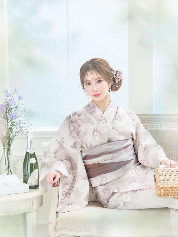 画像6: 【即日発送】くすみカラー×パープルダリア浴衣【浴衣３点セット 浴衣/帯/下駄】[YMT] (6)