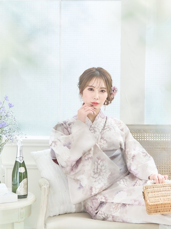 画像2: 【即日発送】くすみカラー×パープルダリア浴衣【浴衣３点セット 浴衣/帯/下駄】[YMT] (2)