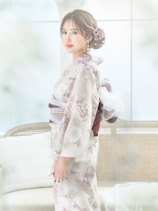 画像9: 【即日発送】くすみカラー×パープルダリア浴衣【浴衣３点セット 浴衣/帯/下駄】[YMT] (9)