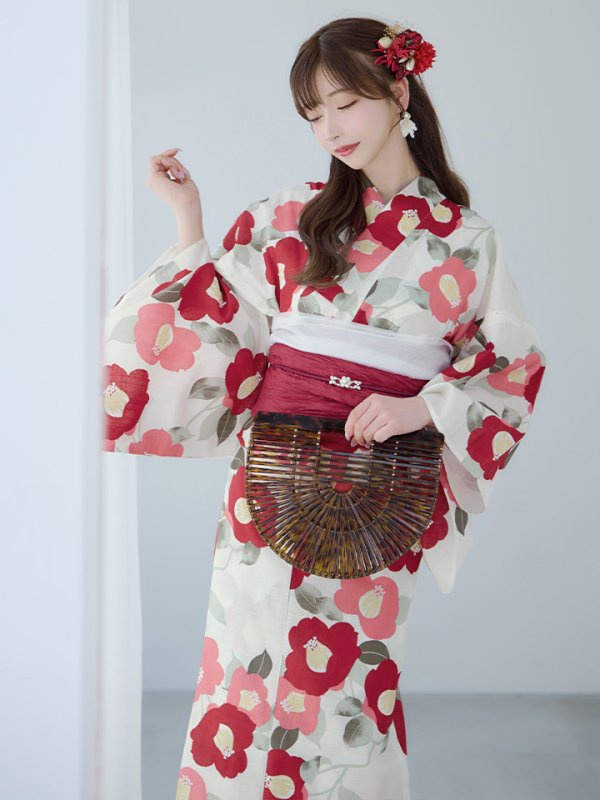 画像10: 【即日発送】古典レトロ椿浴衣【浴衣３点セット 浴衣/帯/下駄】[YMT] (10)