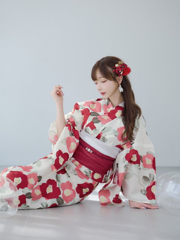 画像12: 【即日発送】古典レトロ椿浴衣【浴衣３点セット 浴衣/帯/下駄】[YMT] (12)