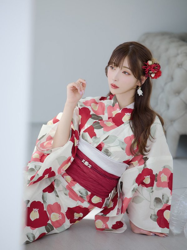 画像14: 【即日発送】古典レトロ椿浴衣【浴衣３点セット 浴衣/帯/下駄】[YMT] (14)