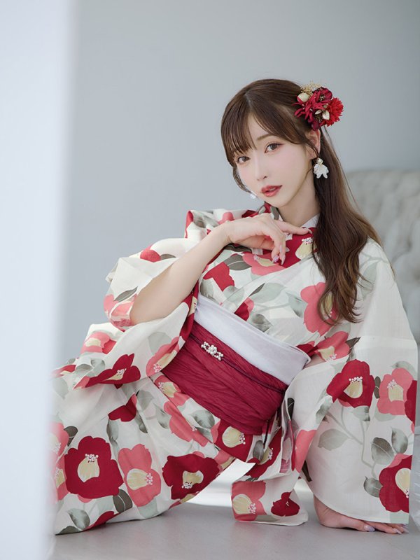 画像15: 【即日発送】古典レトロ椿浴衣【浴衣３点セット 浴衣/帯/下駄】[YMT] (15)